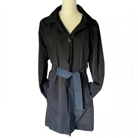 London Fog Belted Button Front Hooded Trench Coat Black Women Size L - Picture 1 of 11